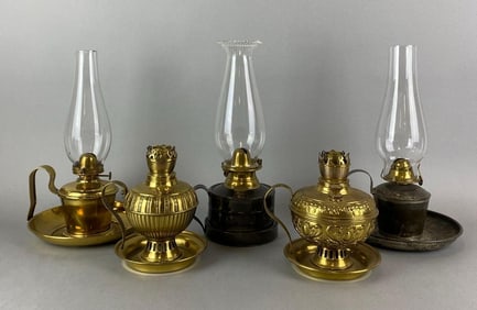 Group of 5 Antique Hand Oil Lamps