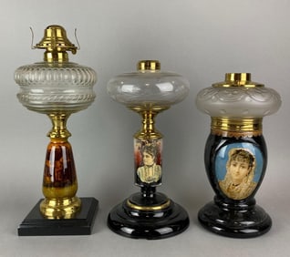 Group of 3 Assorted Antique Victorian Oil Lamps