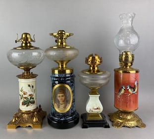 Group of 4 Assorted Antique Victorian Oil Lamps