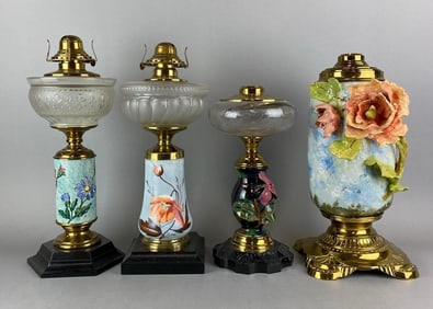 Group of 4 Assorted Antique Victorian Floral Motif Oil Lamps