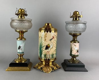 Group of 3 Antique Victorian Hand Painted Bird Motif Oil Lamps