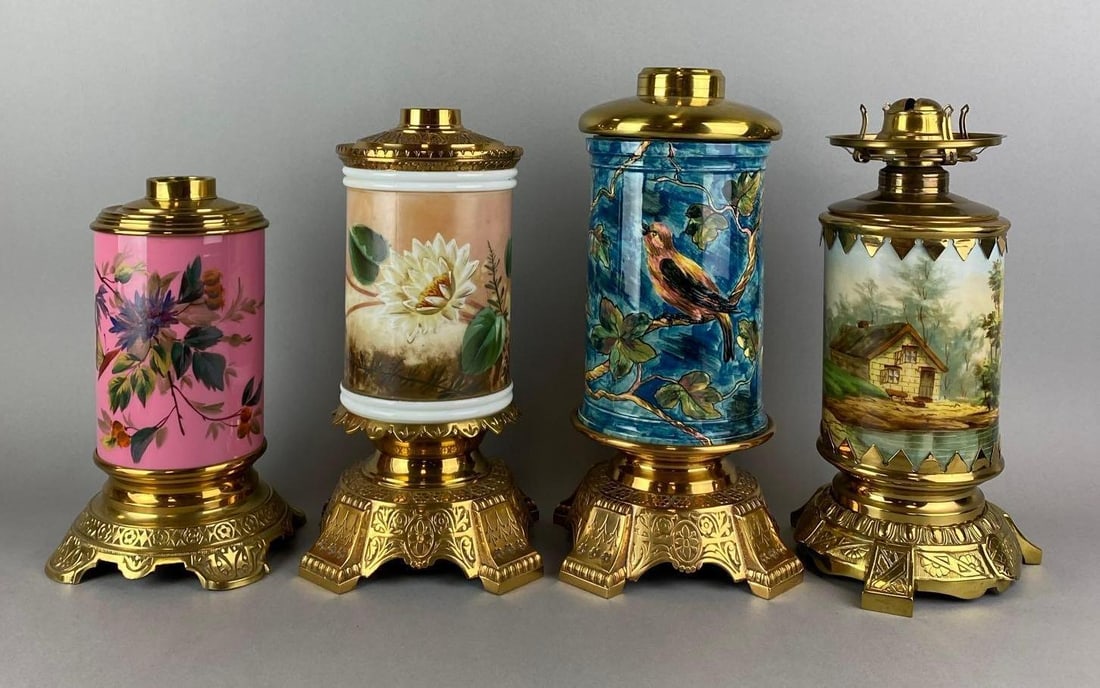 Group of 4 Assorted Ornate Antique Victorian Hand Painted Oil Lamps (1 of 3)