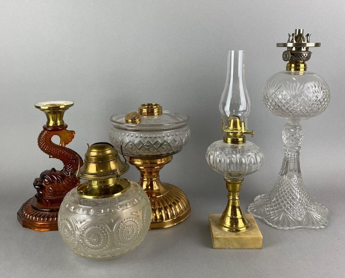 Group of 4 Assorted Antique Victorian Oil Lamps: One has come unglued. Largest measures 14 x 6 1/4 x 6 1/4 inches.