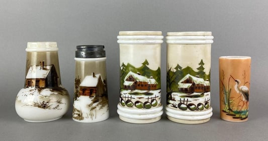 Group of 5 Antique Hand Painted Oil Lamp Base Parts