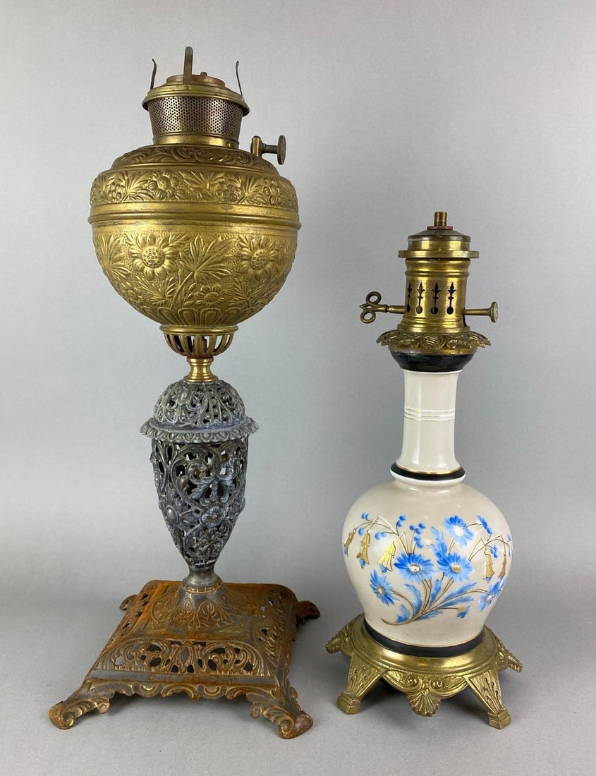 Ornate Antique Victorian B&H Oil Lamp and More: Includes electrified Hand Painted Floral Motif Lamp with no wiring . Oil lamp is rusted. Largest measures 19 1/2 x 8 x 8 inches.