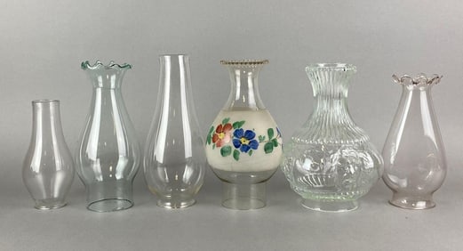 Group of 5 Assorted Antique Oil Lamp Chimneys