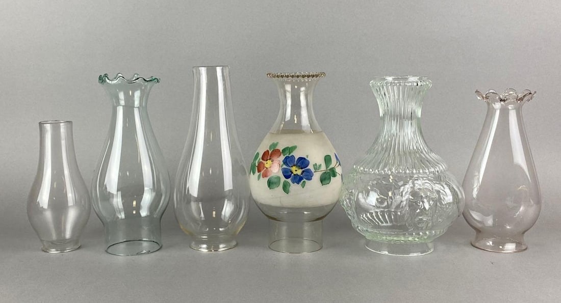 Group of 5 Assorted Antique Oil Lamp Chimneys: Includes Hand Painted Floral Motif, Lion head and more. Largest measures 8 x 7 x 7 inches.