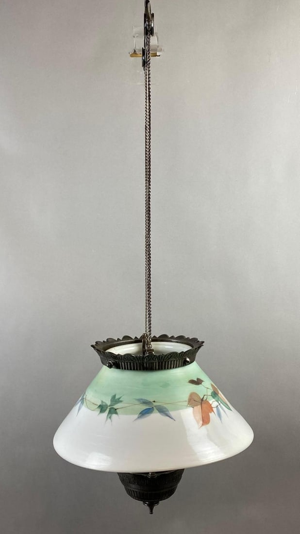 Antique Victorian Adjustable Hanging Hand Painted Floral Motif Oil Lamp Fixture (1 of 4)