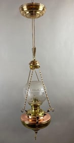 Fostoria Antique Victorian Etched Hanging Oil Lamp Brass Fixture