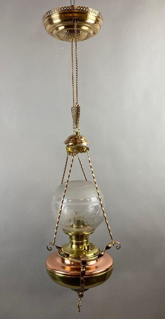 Fostoria Antique Victorian Etched Hanging Oil Lamp Brass Fixture (1 of 4)