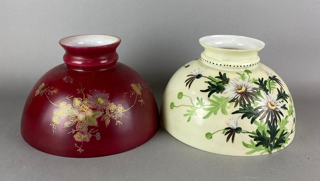 Group of 2 Antique Victorian Hand Painted Floral Motif Light Shades: Both have chipping on edges. Some gold gilding is worn. Largest measures 6 x 9 3/4 x 9 x 3/4 inches. Fitting measures 4 1/4 inches.