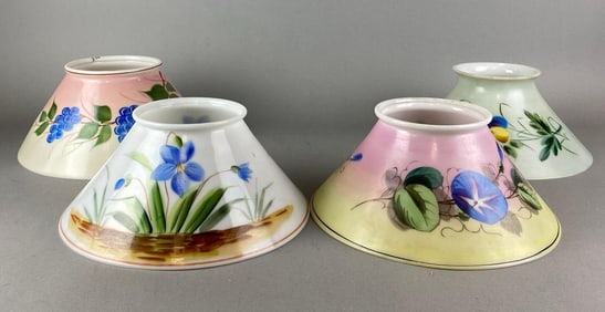 Group of 4 Antique Victorian Hand Painted Floral Motif Lamp Shades