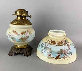 Antique Victorian Floral Bird Motif Oil Lamp