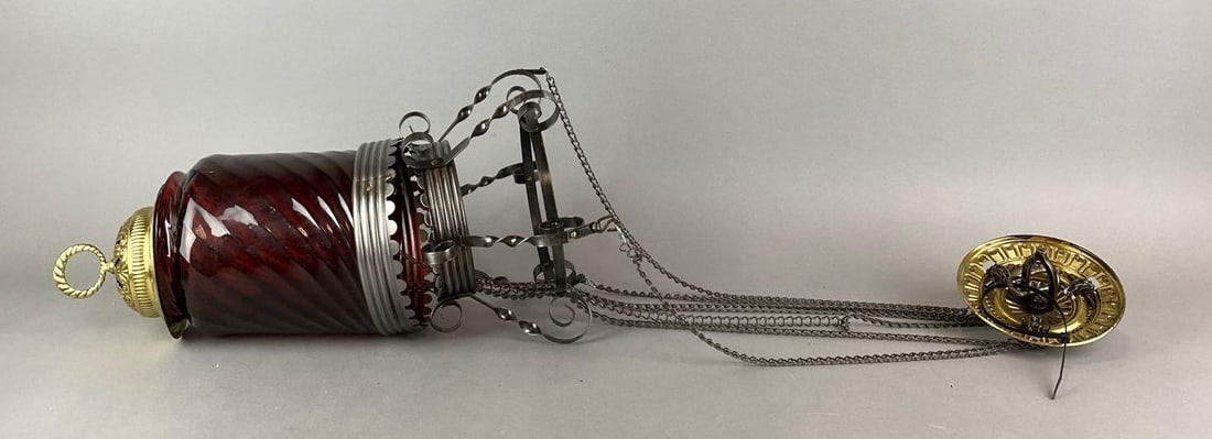 Antique Ruby Swirl Adjustable Oil Lamp Fixture (1 of 2)
