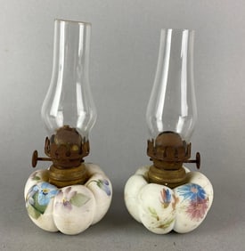 Group of 2 Antique Mount Washington Hand Painted Floral Motif Oil Lamps