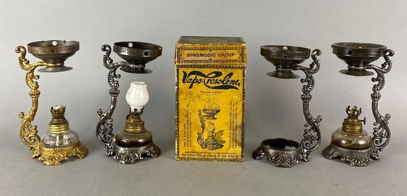 Group of 4 Antique Vapo Cresolene Oil Lamp Vaporizers and More