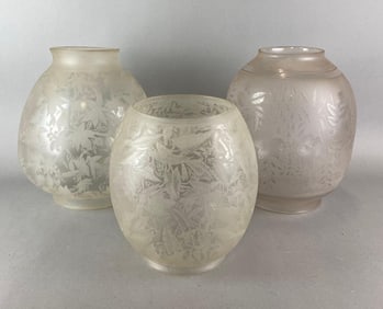 Group of 3 Antique Etched Floral Motif Globe Lamp Shades