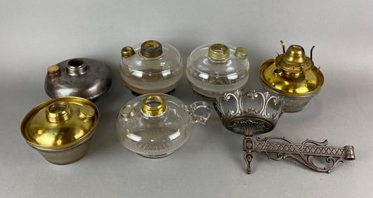 Group of 6 Antique Oil Lamp Fonts and More