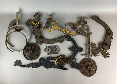 Group of Assorted Antique Cast Iron Oil Lamp Wall Sconce Parts