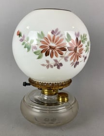 Electrified Antique Hand Painted Floral Motif Oil Lamp