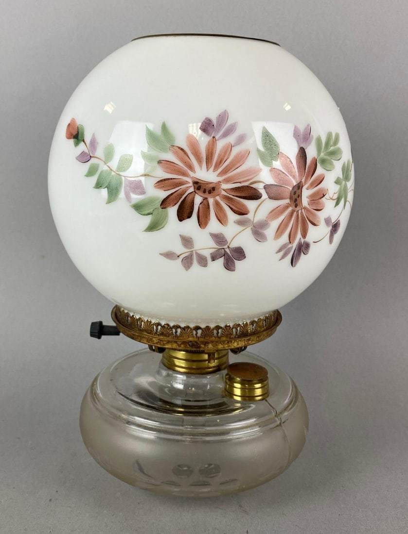 Electrified Antique Hand Painted Floral Motif Oil Lamp: Wires have been cut. Measures 11 x 7 x 7 inches.