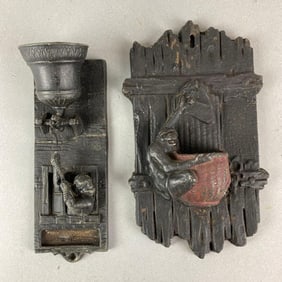 Group of 2 Antique Cast Iron Monkey Match Safes