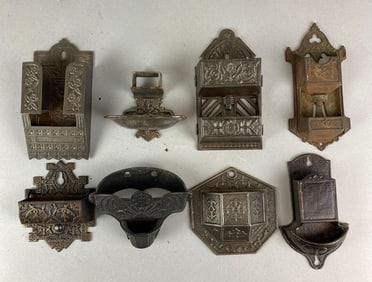 Group of 8 Antique Cast Iron Match Safes