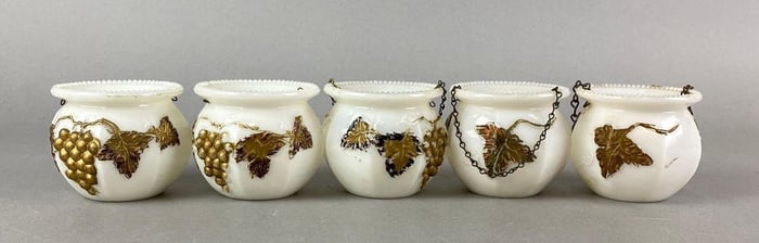 Group of 5 Antique White Glass Grapevine Match Holder