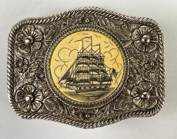 Metal and Porcelain Ship Belt Buckle