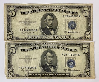 Group of (2) 1953 Blue Seal Silver Certificate 5 Dollar Bills