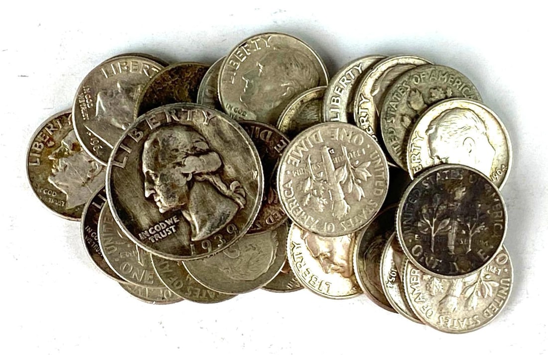 Group of 26 Silver Dimes and More: Includes a 1939 Silver Quarter.