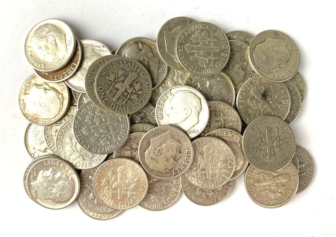 Group of (52) Roosevelt Silver Dimes: Includes years 1946, 1964, 1962 and more.