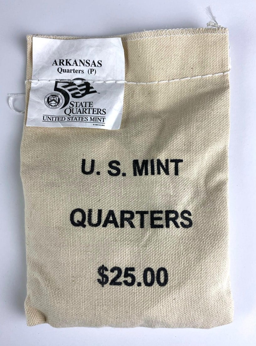 1998 P US Mint $25 Canvas Bag of Arkansas Quarters: US Mint 50 States Quarters