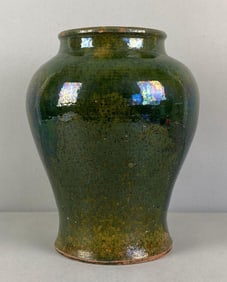 Artist Signed Iridescent Green Glaze Pottery Vase