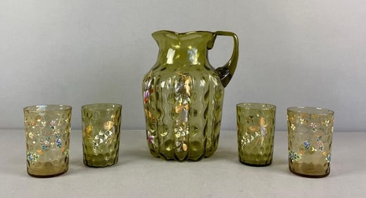 Hand Painted Lime Coindot Glass Pitcher and Glasses Set