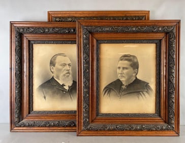 Group of 2 Antique Portraits with 3 Matching Frames
