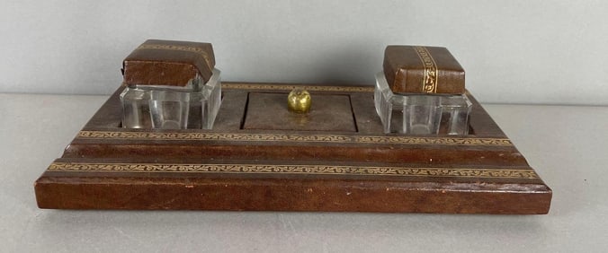Vintage Leather and Glass Ink Well Desk Set