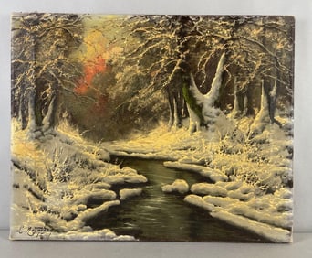 Vintage Signed Laszlo Neogrady Winter Forest Oil Painting on Canvas