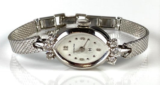 14K White Gold Hamilton Womans Wristwatch with Diamond Accent Stones