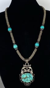 Signed Alok Sterling Silver Turquoise and Garnet Beaded Necklace