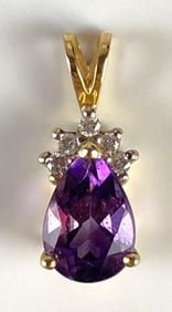 14K Gold Amethyst and Diamond Teardrop Necklace Pendant