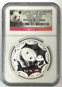 2012 China Silver Panda NGC PF69 Ultra Cameo 1 oz .999 Fine Silver Round