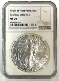 2024 W West Point US Mint Silver American Eagle NGC MS70 1 oz .999 Fine Silver Round