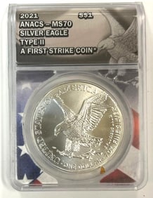 2021 Type 2 US Mint Silver American Eagle ANACS MS70 First Strike 1 oz .999 Fine Silver Round