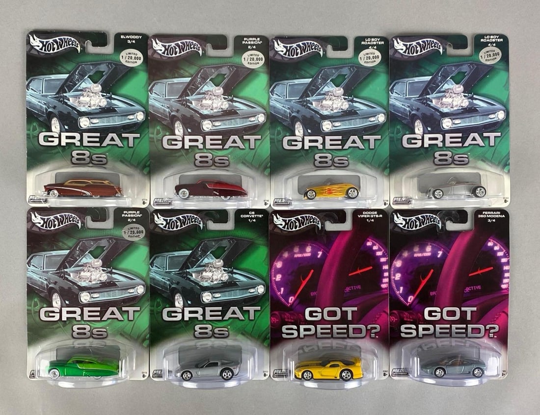Group of 8 Mattel Hot Wheels Die-Cast Cars: Sealed, features great 8s and Got Speed? Series, includes Dodge viper GTS-R, Lo Boy Roadster, Pirple Passion and more