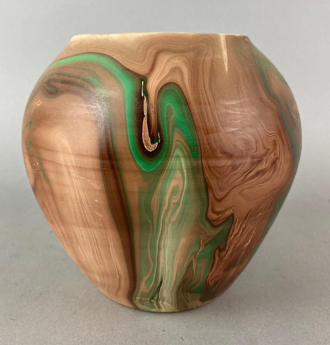 Vintage Painted Desert Pottery Drip Glaze Art Vase: Measures 6 1/2 x 6 1/2 x 6 1/2 inches.