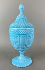 Antique Portieux Vallerysthal Blue Opaline Milk Glass Covered Compote