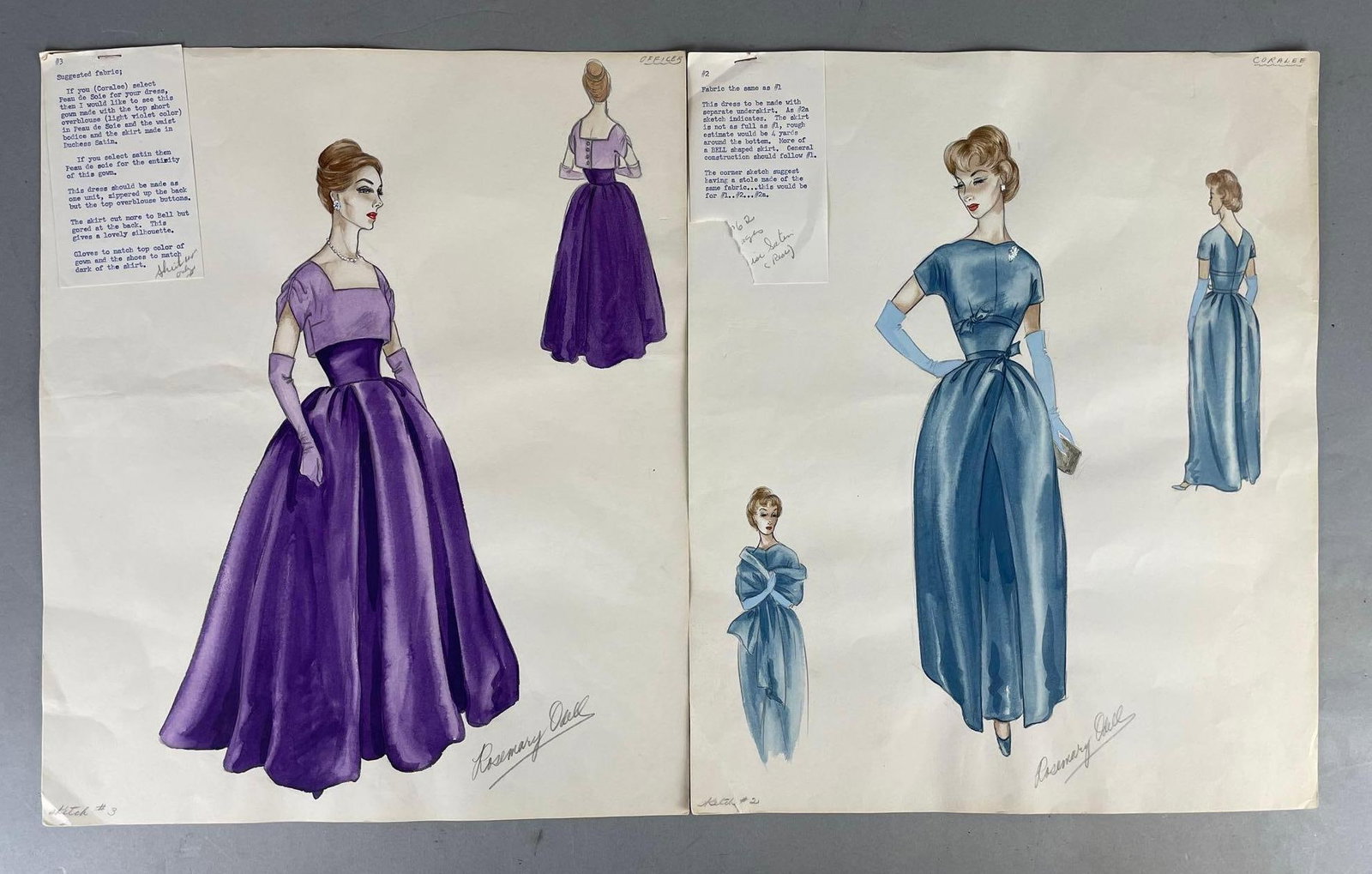 Group of 2 Signed Rosemary Odell Watercolor Costume Designs: Includes instructions, sketch # 2 and 3, each measure 16 3/4 x 14 inches