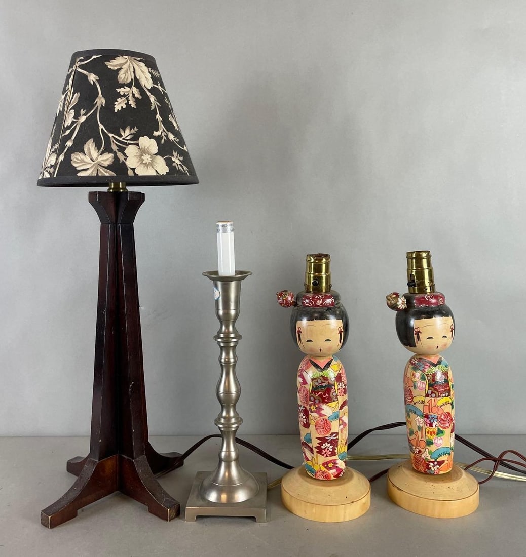 Group of Table Lamps: Untested, Asian lamps need rewired, largest measures H 20 1/2" x W 6 1/2"