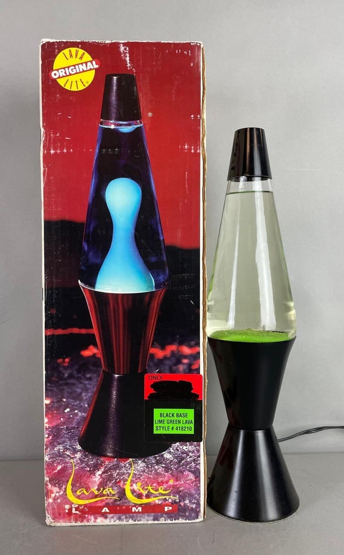 Lime Green Lava Lite Lamp: Working condition, original box measures H 19 1/4" x W 6 1/2" x D 6 1/2"